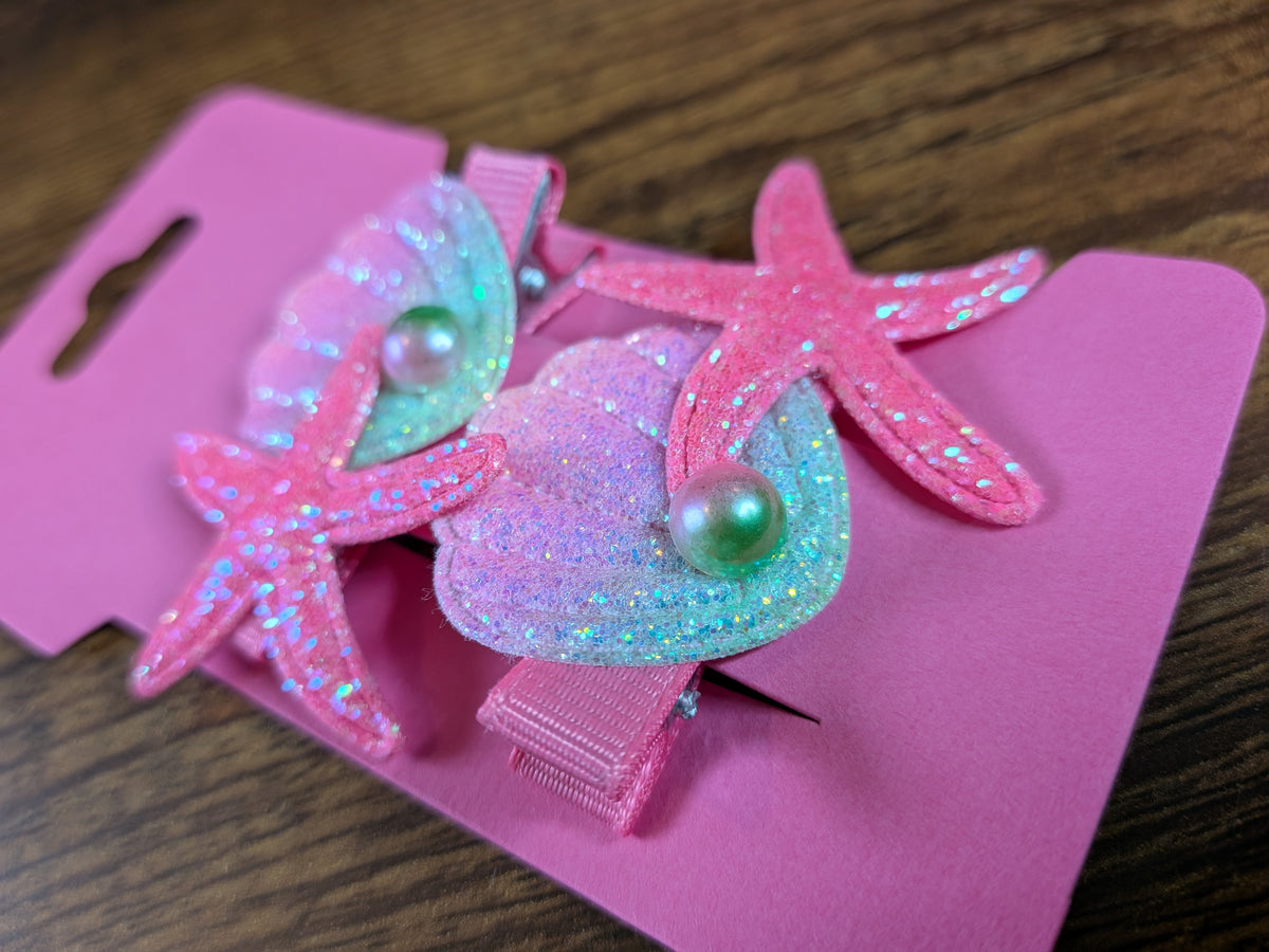 Pretty Pink & Green Shimmer Shell and Starfish Hair Clip