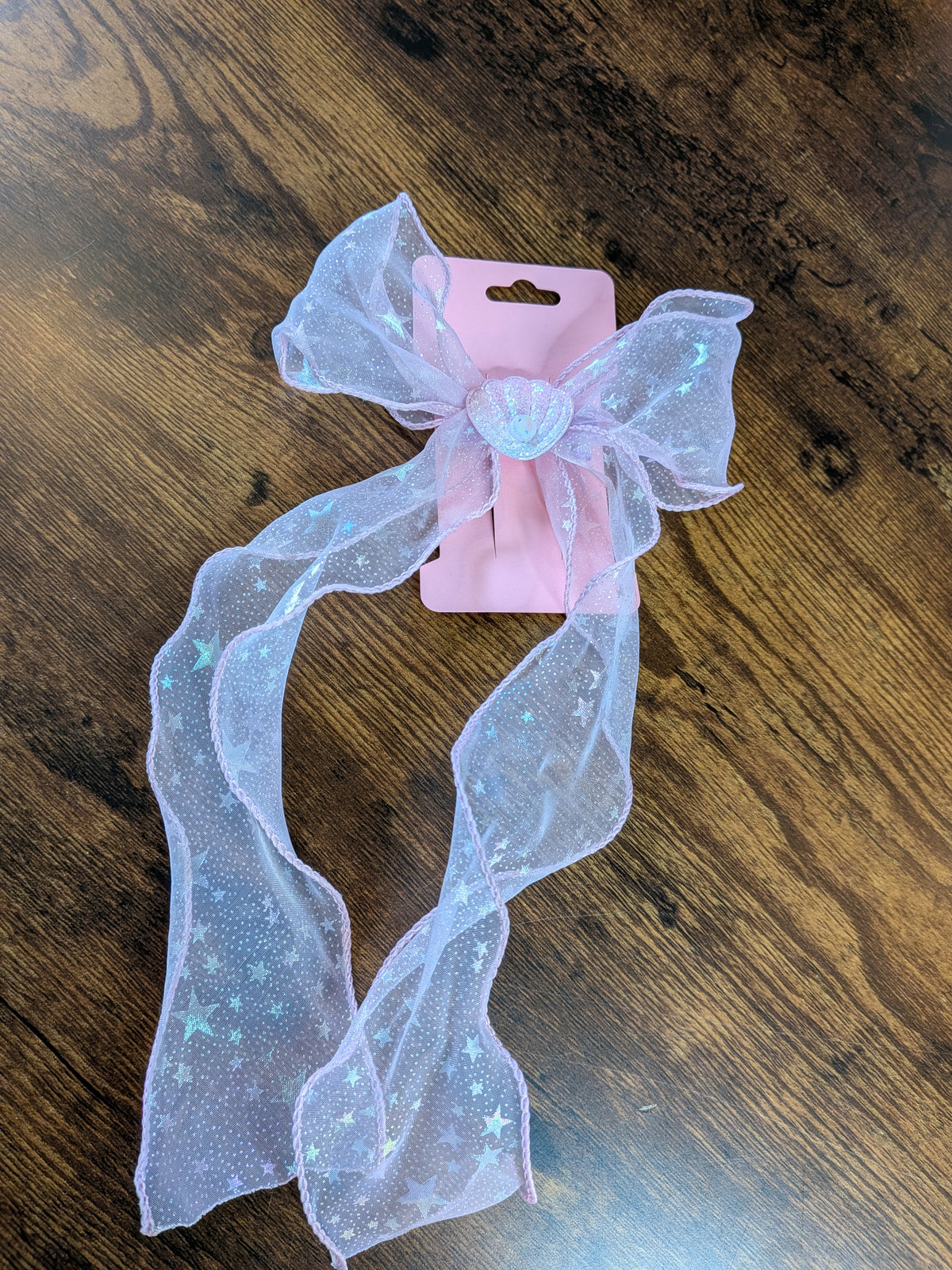 Starry Shimmer Organza Bow & Baby Pink Shell Hair Clip