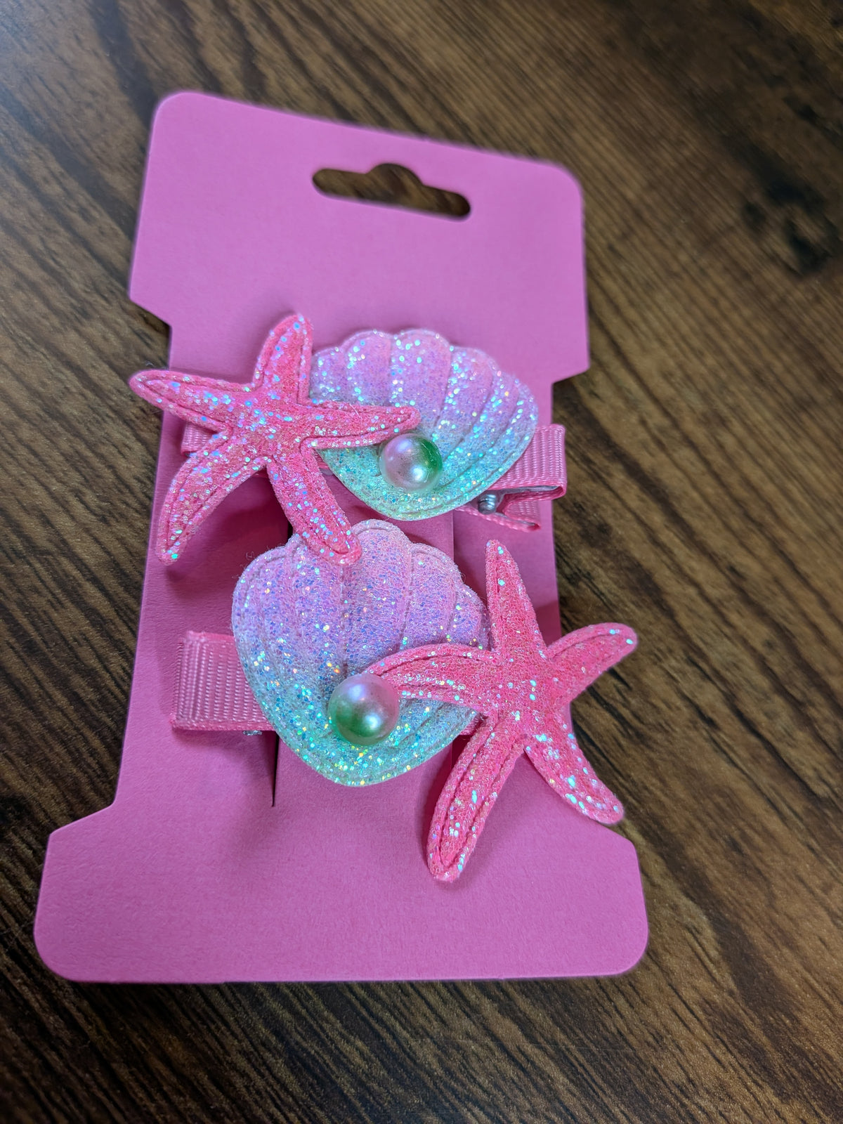 Pretty Pink & Green Shimmer Shell and Starfish Hair Clip