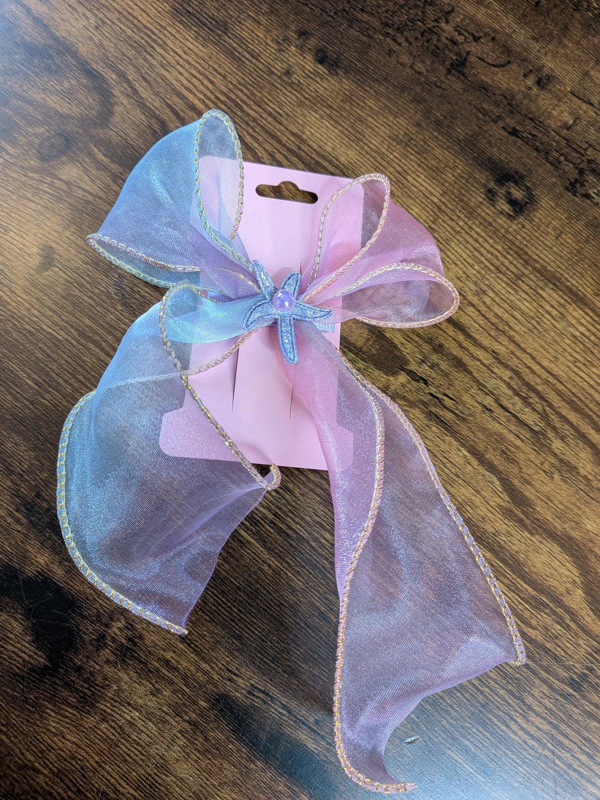 Purple & Pink Organza Bow Hair Clip with Shimmer Starfish