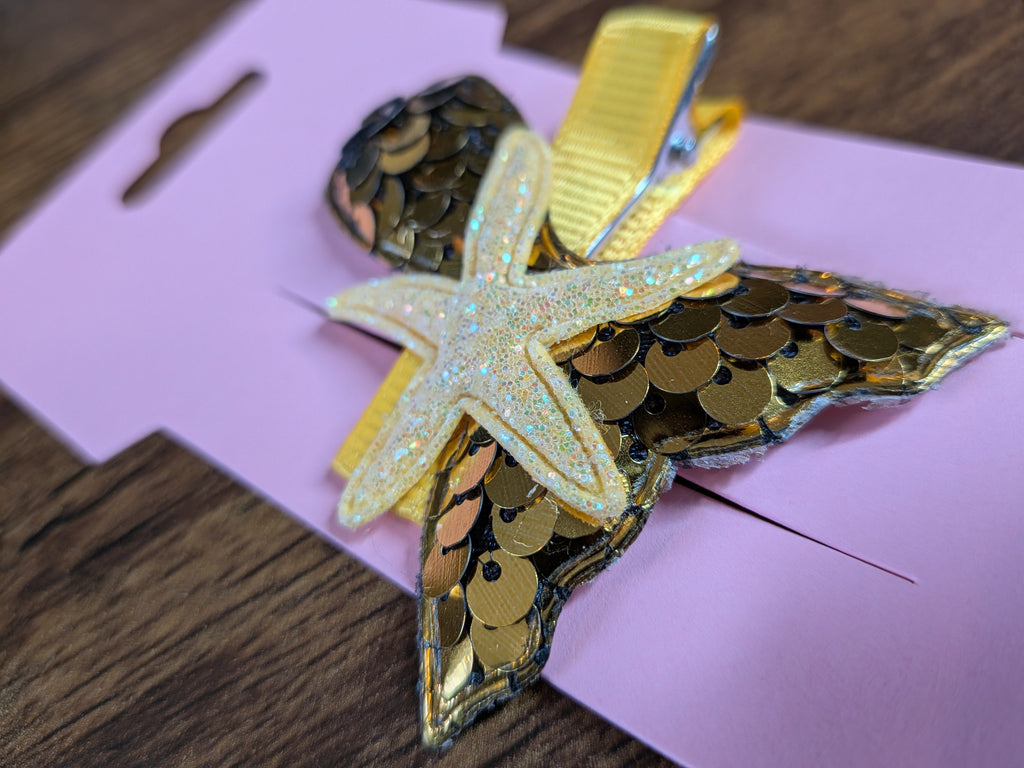 Sparkly Gold Mermaid Tail & Yellow Starfish Hair Clip