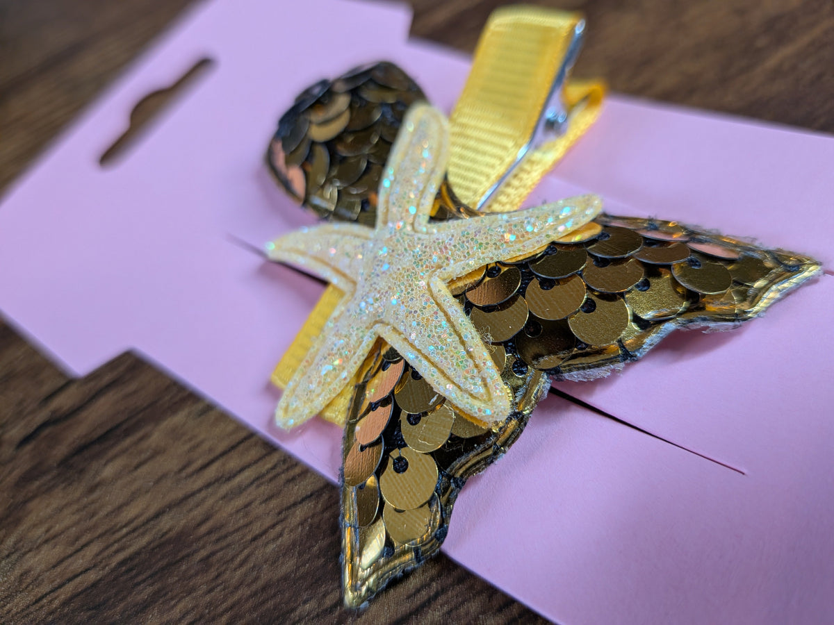 Sparkly Gold Mermaid Tail & Yellow Starfish Hair Clip
