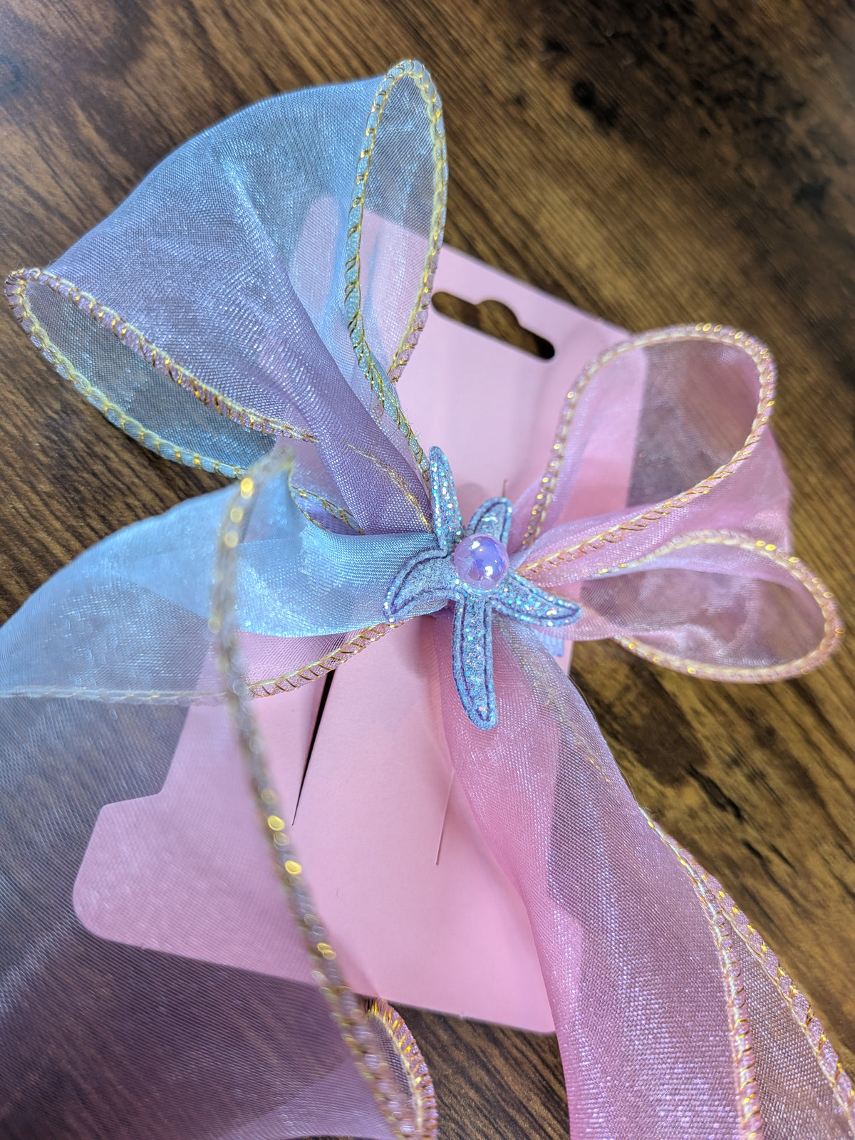 Purple & Pink Organza Bow Hair Clip with Shimmer Starfish