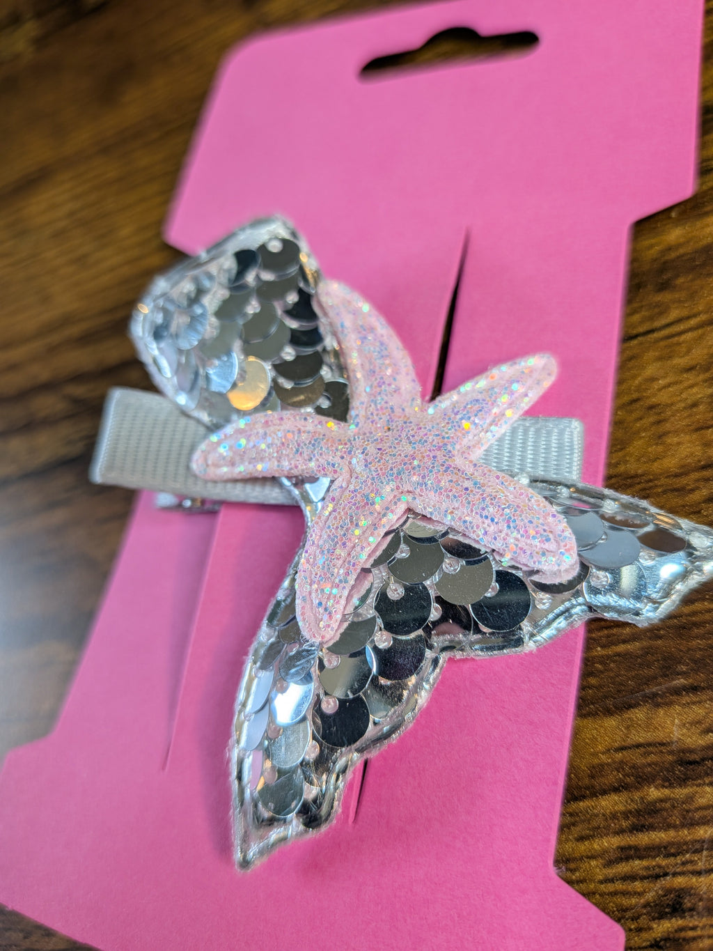 Sparkly Silver & Pink Starfish Hair Clip