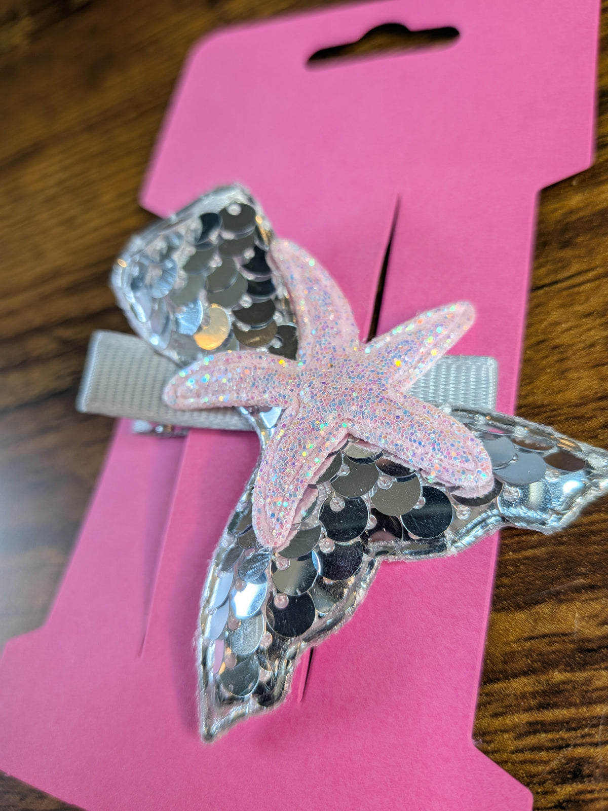 Sparkly Silver & Pink Starfish Hair Clip